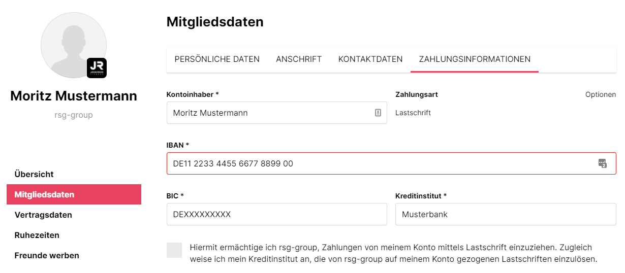 Screenshot Selfservice, Zahlungsinformationen